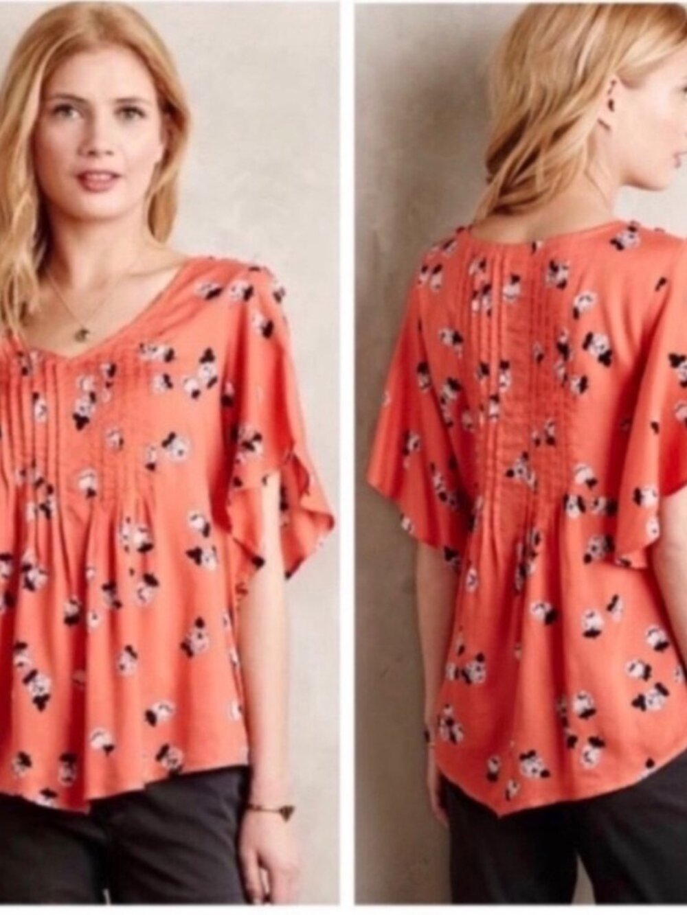 Anthropologie Maeve Maya Pink Coral Floral Flutter Sleeve Blouse